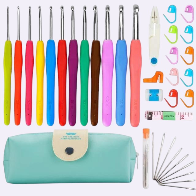 Ergonomic crochet hooks 37-piece set on clean background - Caldova