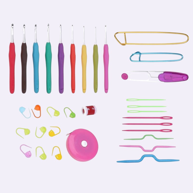 Soft grip crochet hooks 9-piece set on clean background - Caldova