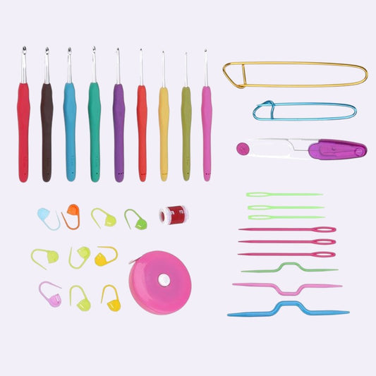 Soft grip crochet hooks 9-piece set on clean background - Caldova
