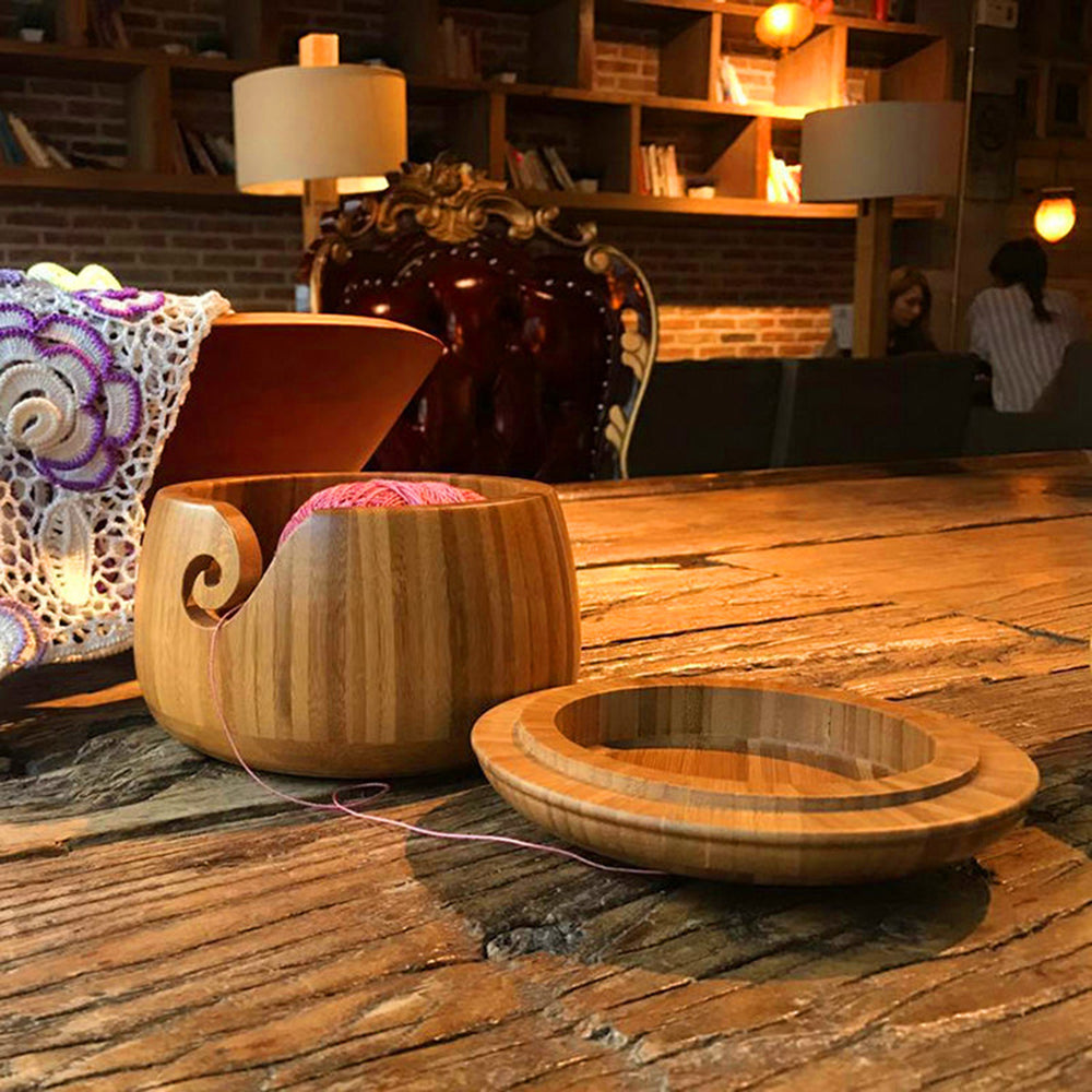 Bamboo Yarn Bowl with Lid – Wooden Yarn Holder